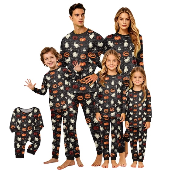 Halloween Pajamas Family Matching Pajamas Set, Fall Sleepwear, Ghost & Pumpkin Printed Holiday Sleepwear, Soft Loungewear PJs Outfit