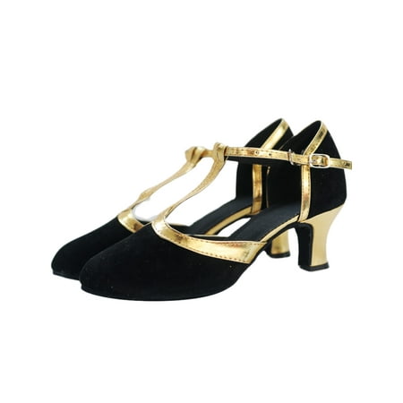 

Woobling Womens Dance Shoes T-strap Chunky Heels Closed Toe Dancing Shoe Non-Slip Latin Sandal Jazz Modern Sandals Black Gold 5.5