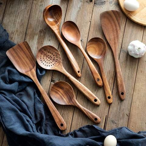 Wooden Kitchen Utensils Set, 10-Piece Natural Wood Cooking Spoons for Non-Stick Cookware