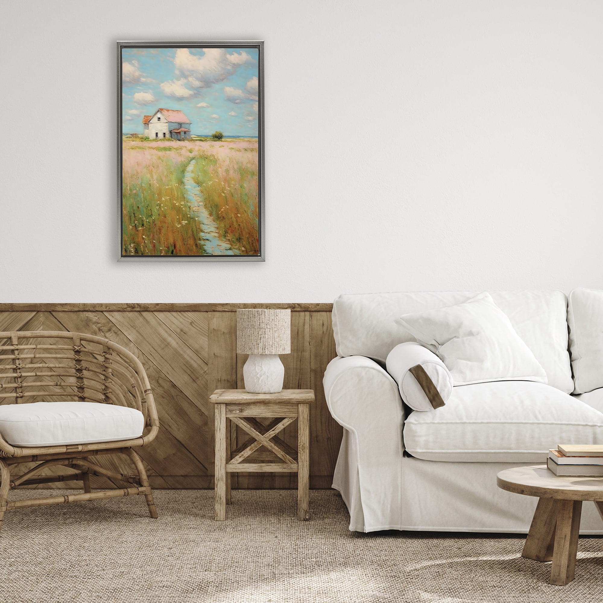 Stupell Industries House in Field of Flowers Gray Framed Floater Canvas Wall Art, design by Creative Studio