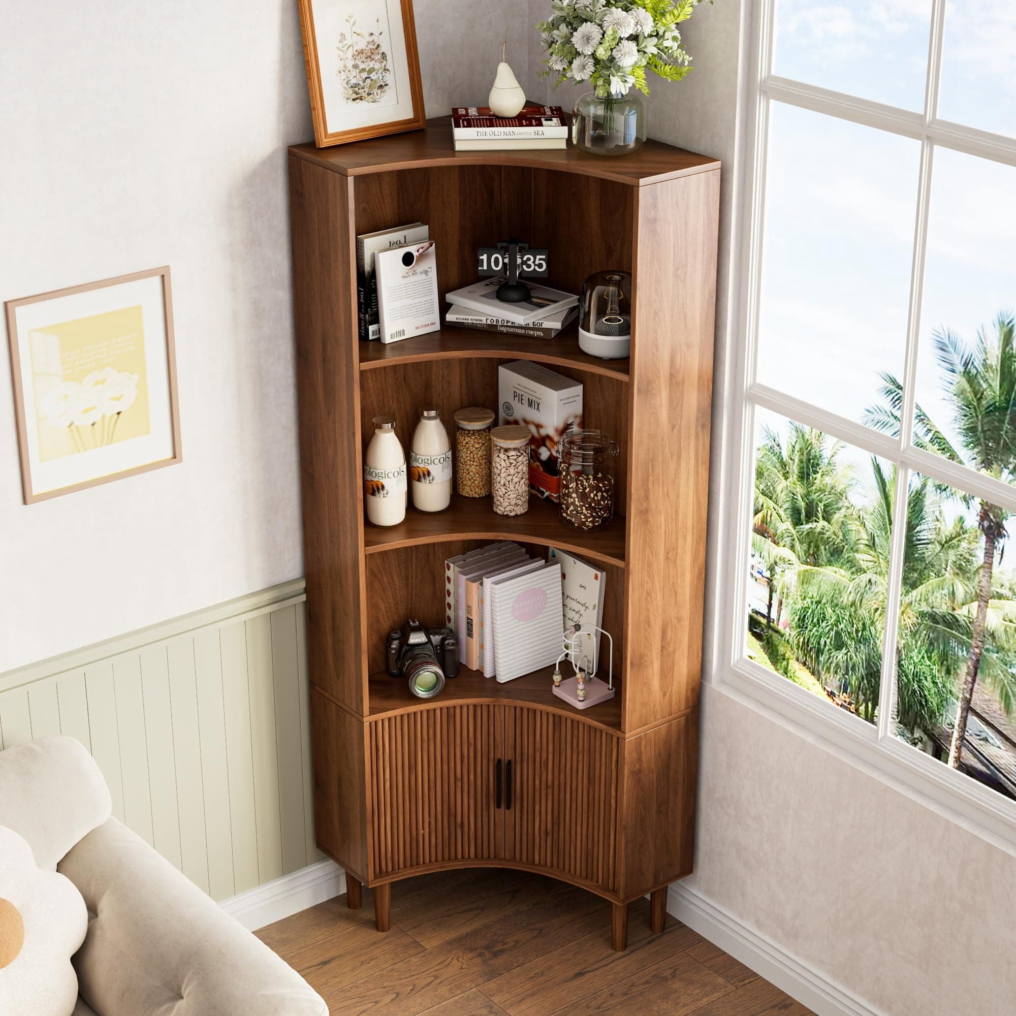 67" Tall Fluted Corner Cabinet with Sliding Doors, Modern Wood Freestanding Storage Organizer