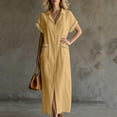 thumbnail image 6 of VBVC Women's Button Down Maxi Shirt Dress,Short Sleeve Collared Dress for Women,Ladies Summer V-Neck Work Office Sundress with Pockets,Yellow,S-2XL, 6 of 8