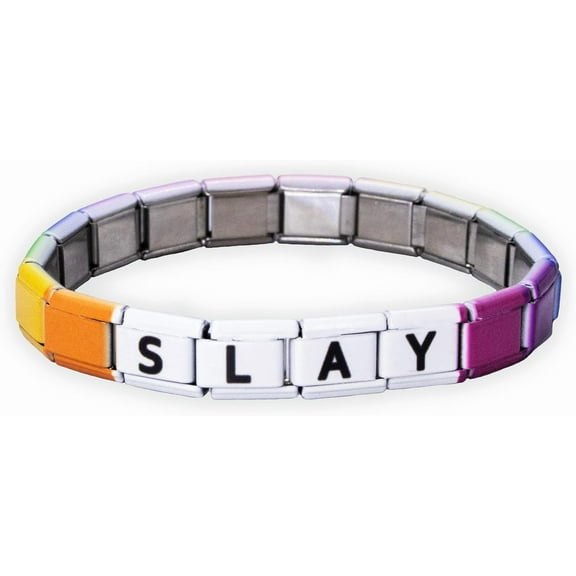 FROG SAC Italian Charm Word Bracelet for Girls, Stainless Steel Tile Letter Friendship Bracelets for Women, 9mm Modular Link Charms Jewelry for Teens, Cute Stretch Affirmation Accessories