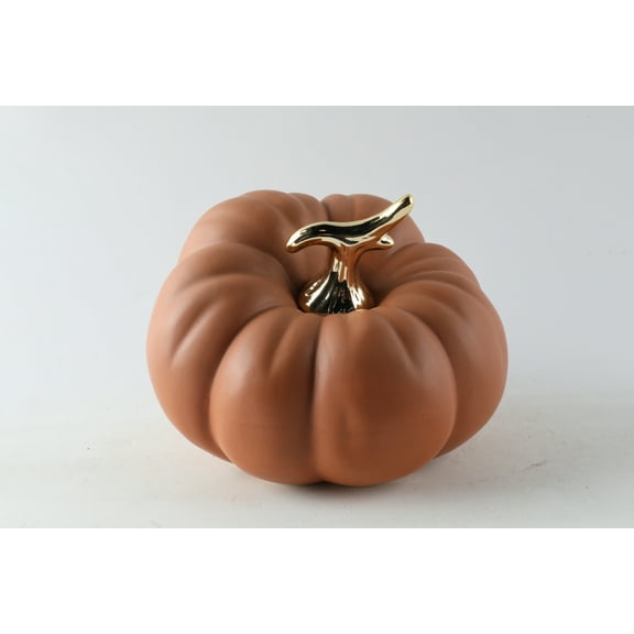 Elegant Ceramic Orange Pumpkin with Gold Stem. 6"Tx7.5"D