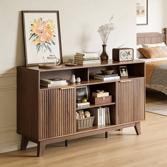 UBesGoo 58" Modern TV Stand with 2 Fluted Doors – Brown Entertainment Center with Open Shelves, Fits TVs up to 65", Wood Media Console for Living Room