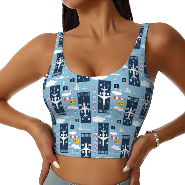 Fotbe Airplanes and Aviation Signs Sujetador Deportivo Largo sin Aros para Mujer con Almohadillas y Soporte Medio, Transpirable y Absorbente, Camiseta Tipo Chaleco o Tank Top-Small