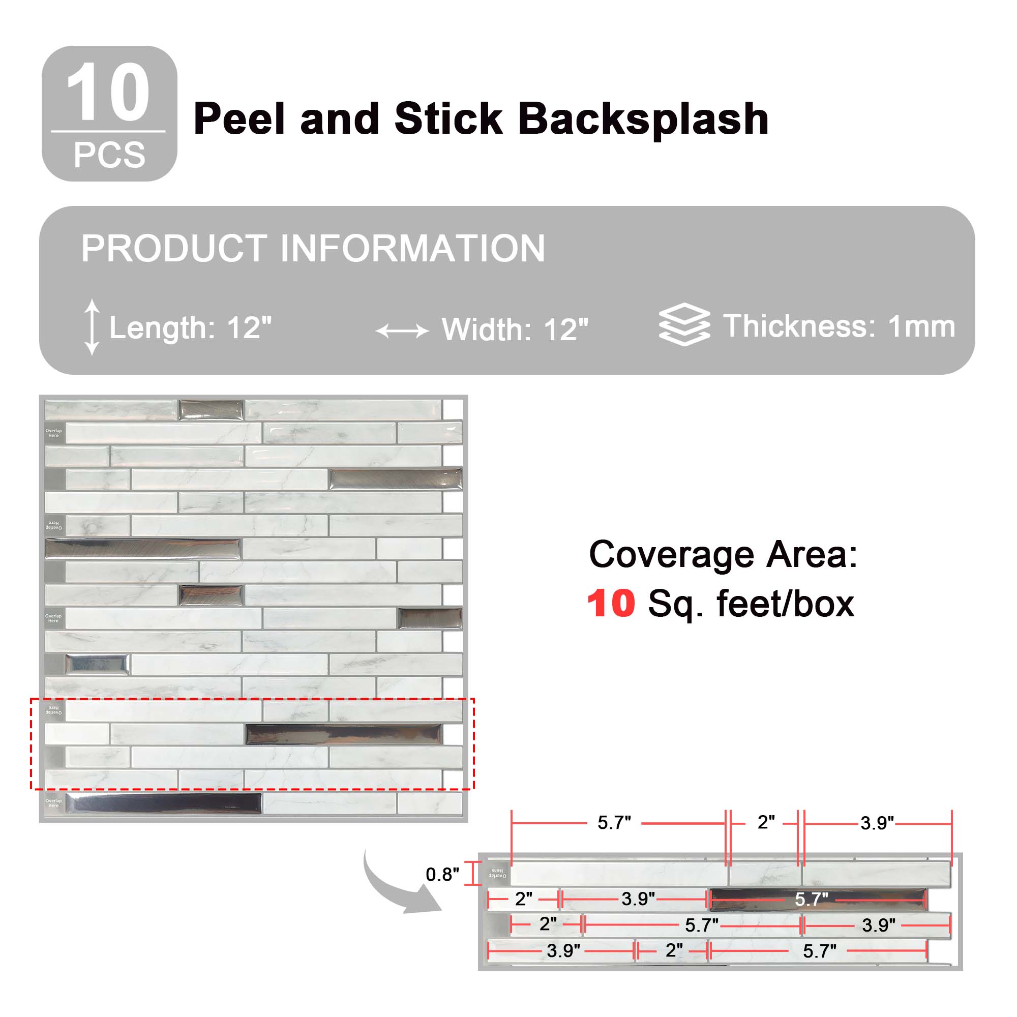 Peel and stick Subway Backsplash Tiles for Kitchen 12x12in Set of 10