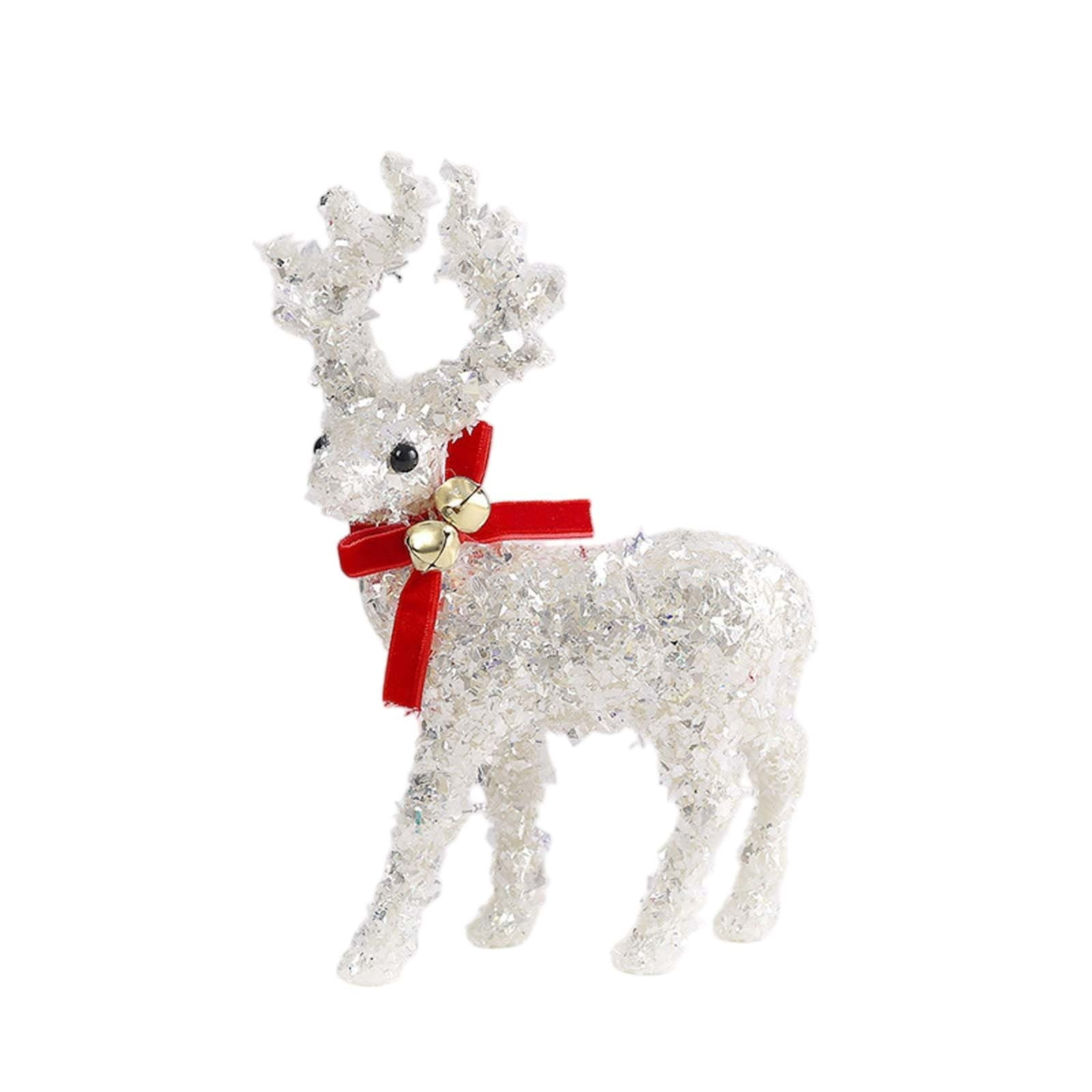 Glitter Reindeer Christmas Tabletop Decor, Standing Deer Figurine with Velvet Bow and Bell Accents for Holiday Mantel Shelf Centerpiece, Red