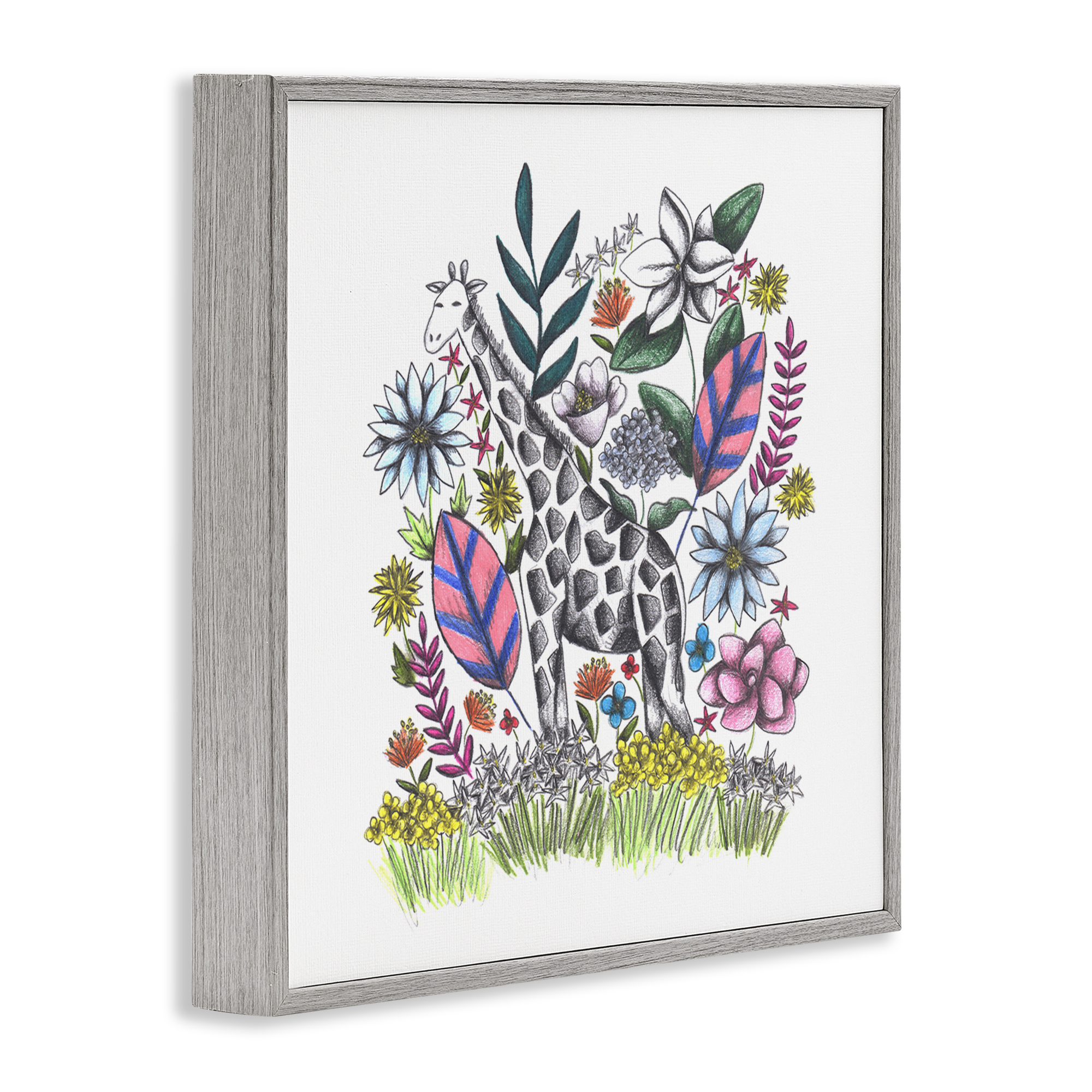 Giraffe in Midst of Flowers Gray Framed Giclee Art, design by Cecilia Battaini
