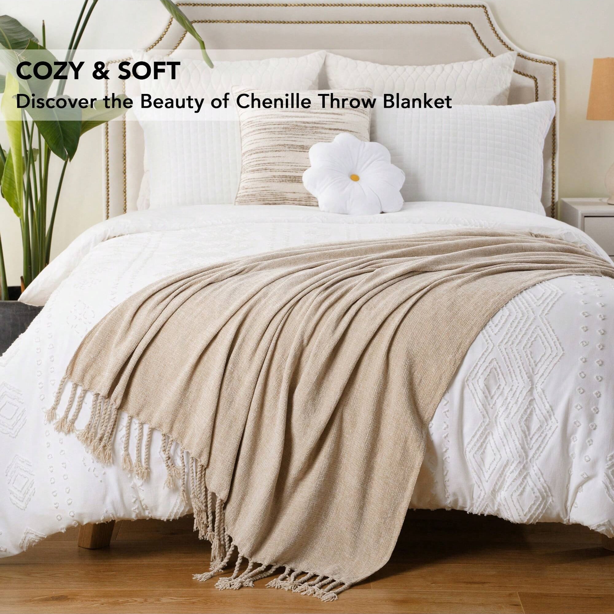 Beige Chenille Throw Blanket,Decorative Tan Knit Blanket for Living Room Decor,50"x60"