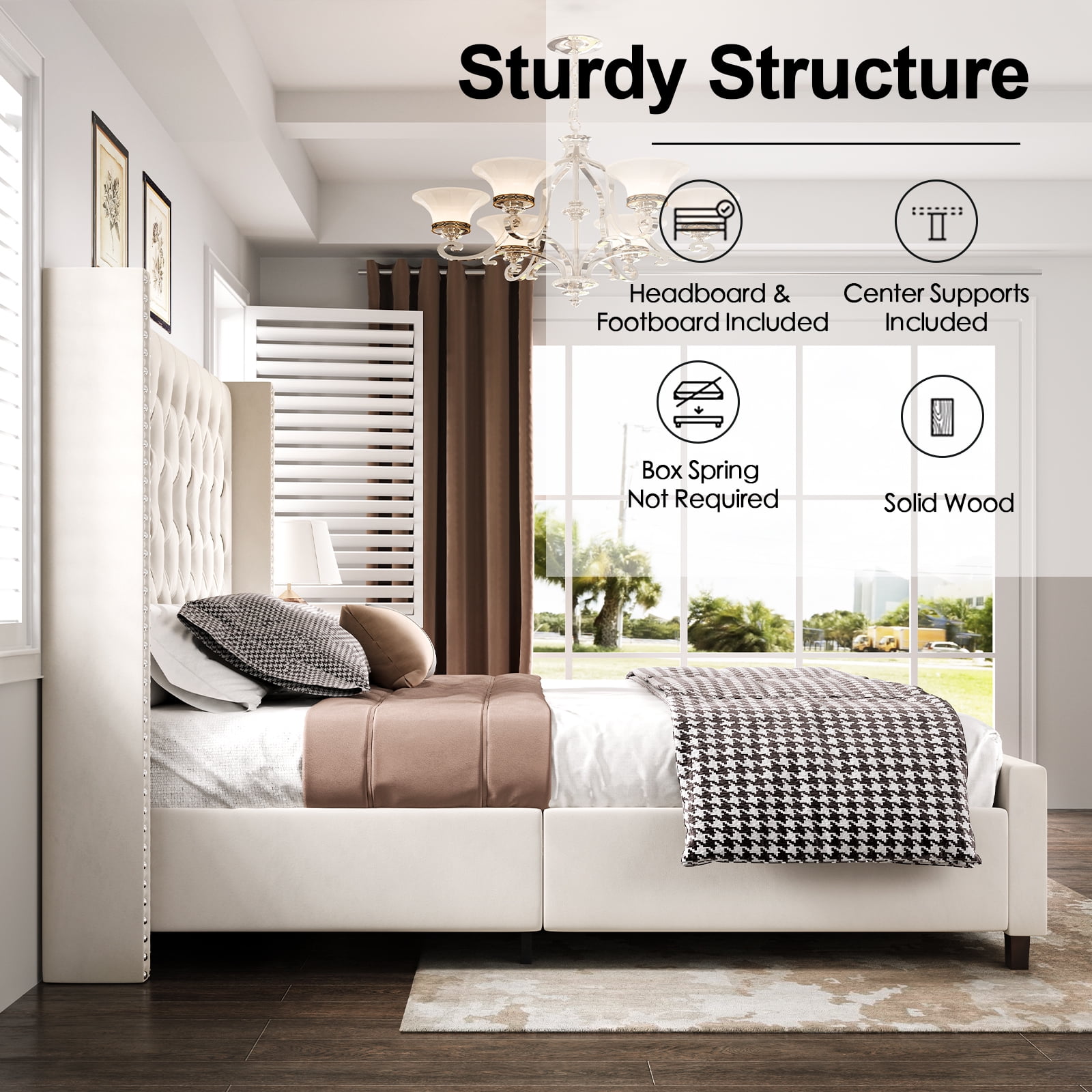 VanAcc Queen Upholstered Platform Bed Frame with Tufted Velvet Headboard, Cream
