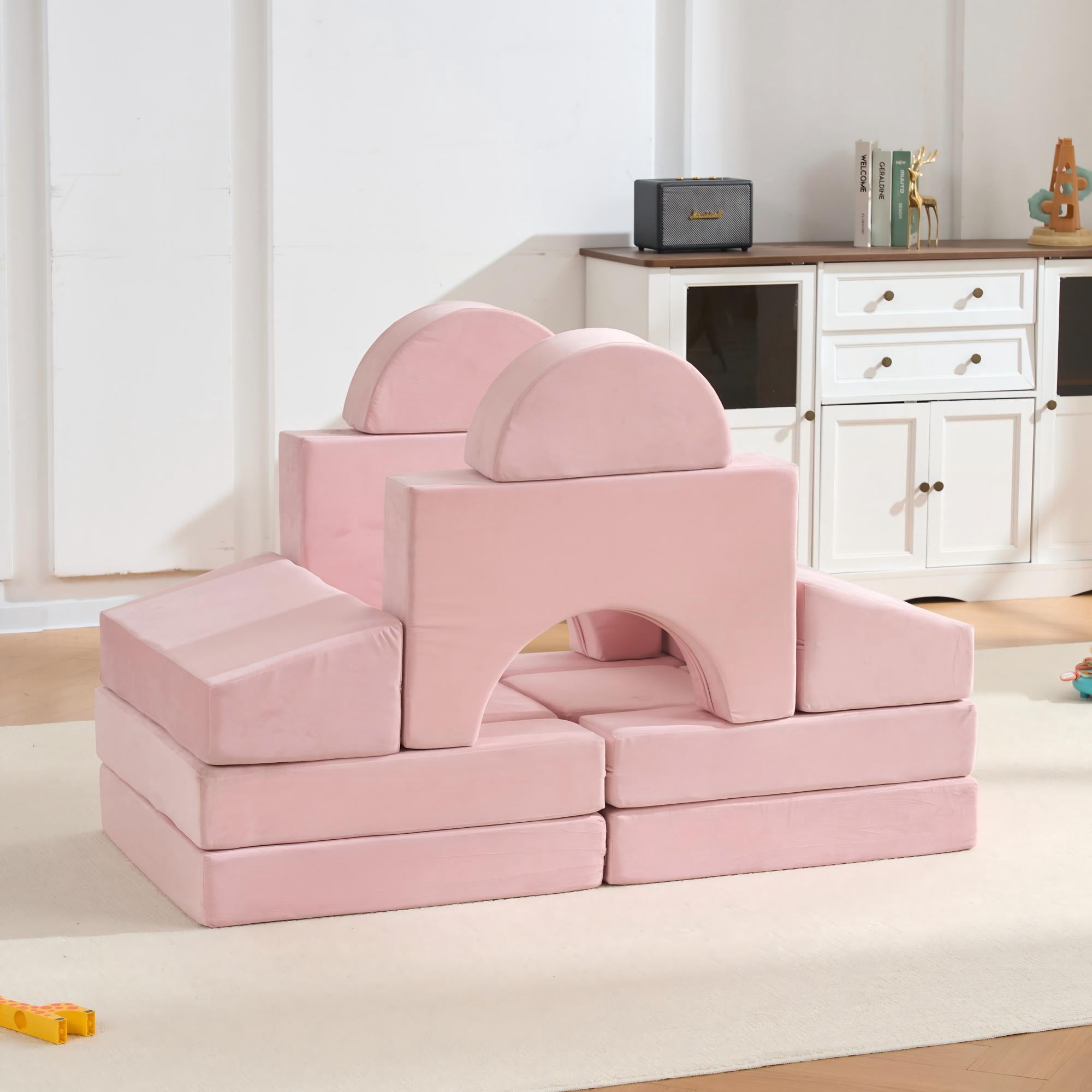 MAYEERTY 14PCS Modular Kids Play Couch, Convertible Foam Sectional Sofa, Washable Cover Toddler Building Blocks Playset for Playroom Bedroom, Pink