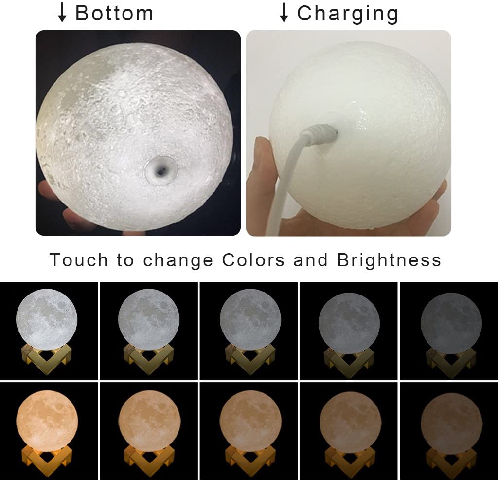 Moon Lamp Moon Light Night Light for Kids Gift for Women USB Charging and Touch Control Brightness 3D Printed Warm and Cool White Lunar Lamp(3.5In moon lamp with stand) - image 4 of 7