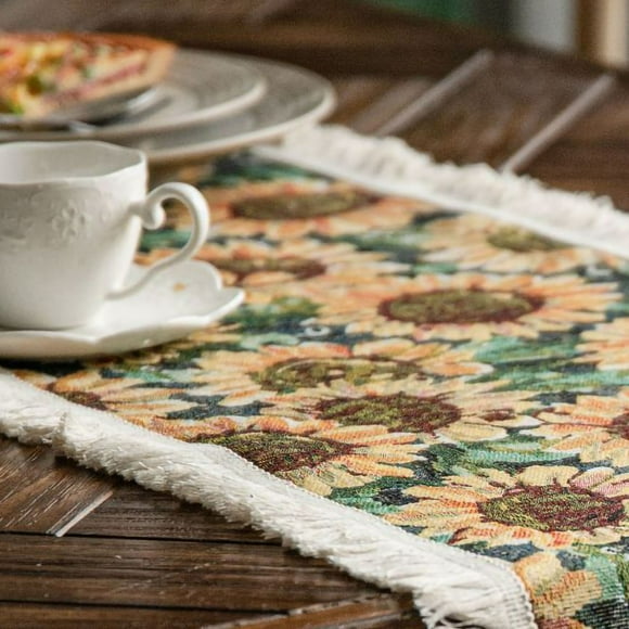Tableau Runner Décoration de Tournesol Table Runner Jute Table Runner Tournesol Modèle Style Américain avec Pompons Table Runner Décoration pour Fête