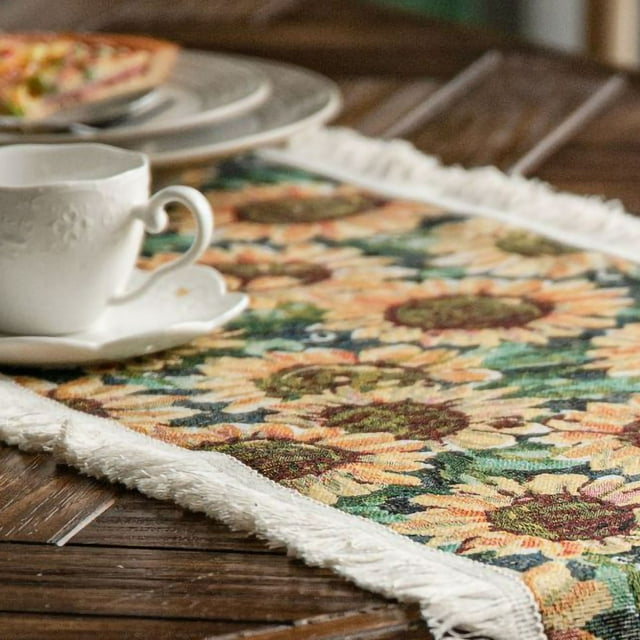 Table Runner Decoration Sunflower Pattern Table Runner Jute Table Runner Sunflower Pattern American Style With Tassels Table Runner Decoration For Party