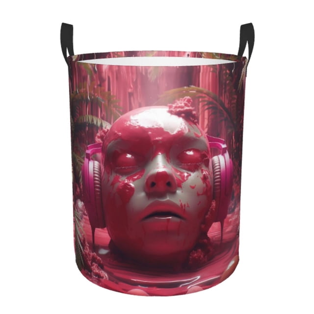 Balery Surreal Pink Headphones Cesta de ropa redonda con asas, impermeable, independiente, para ropa, juguetes, dormitorio y familia-Medium