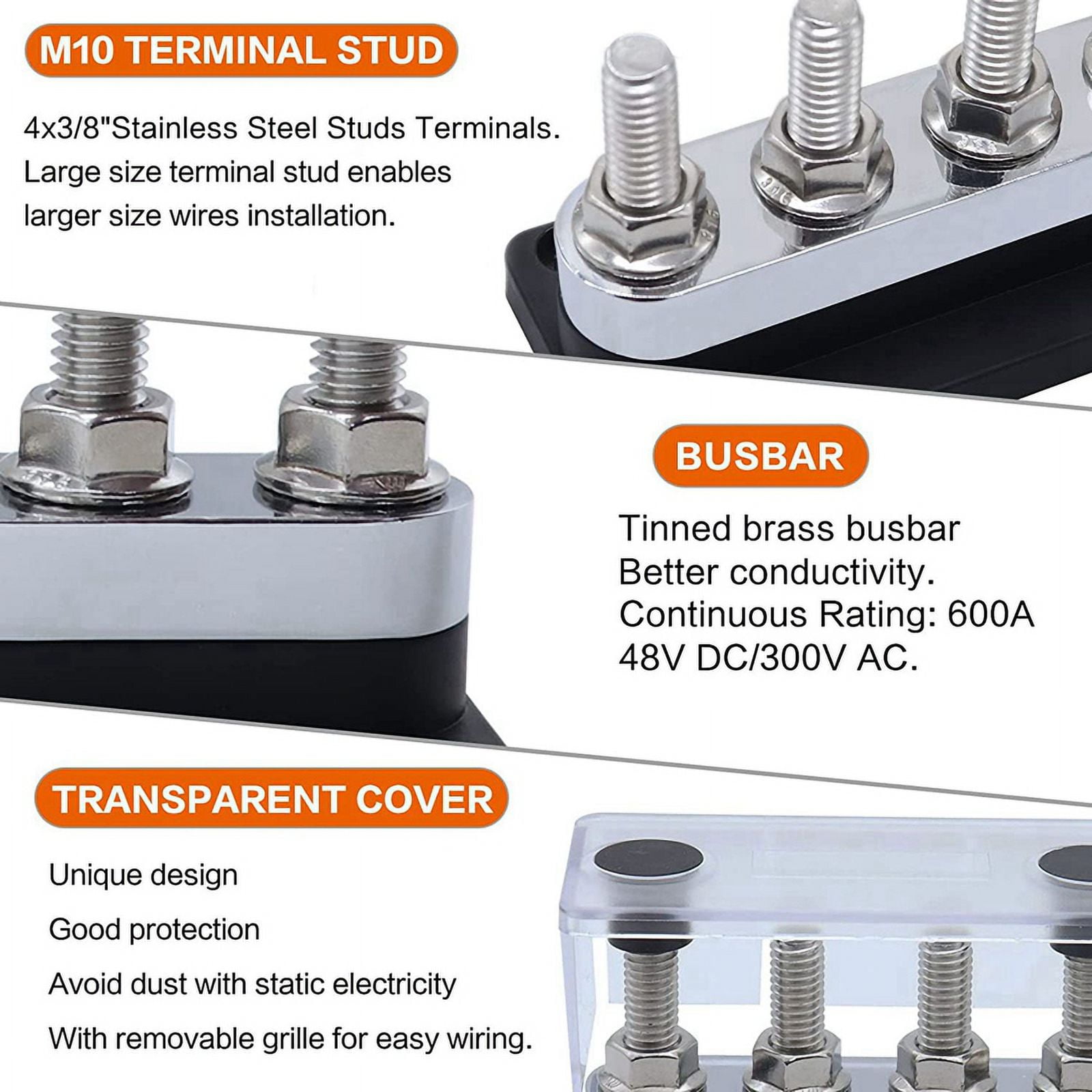 2X 600A Bus Bar 4-Stud (3/8 Inch) M10 High Current Copper Busbar Terminal Block Marine DC 12V 24V 48V with Cover(Black)
