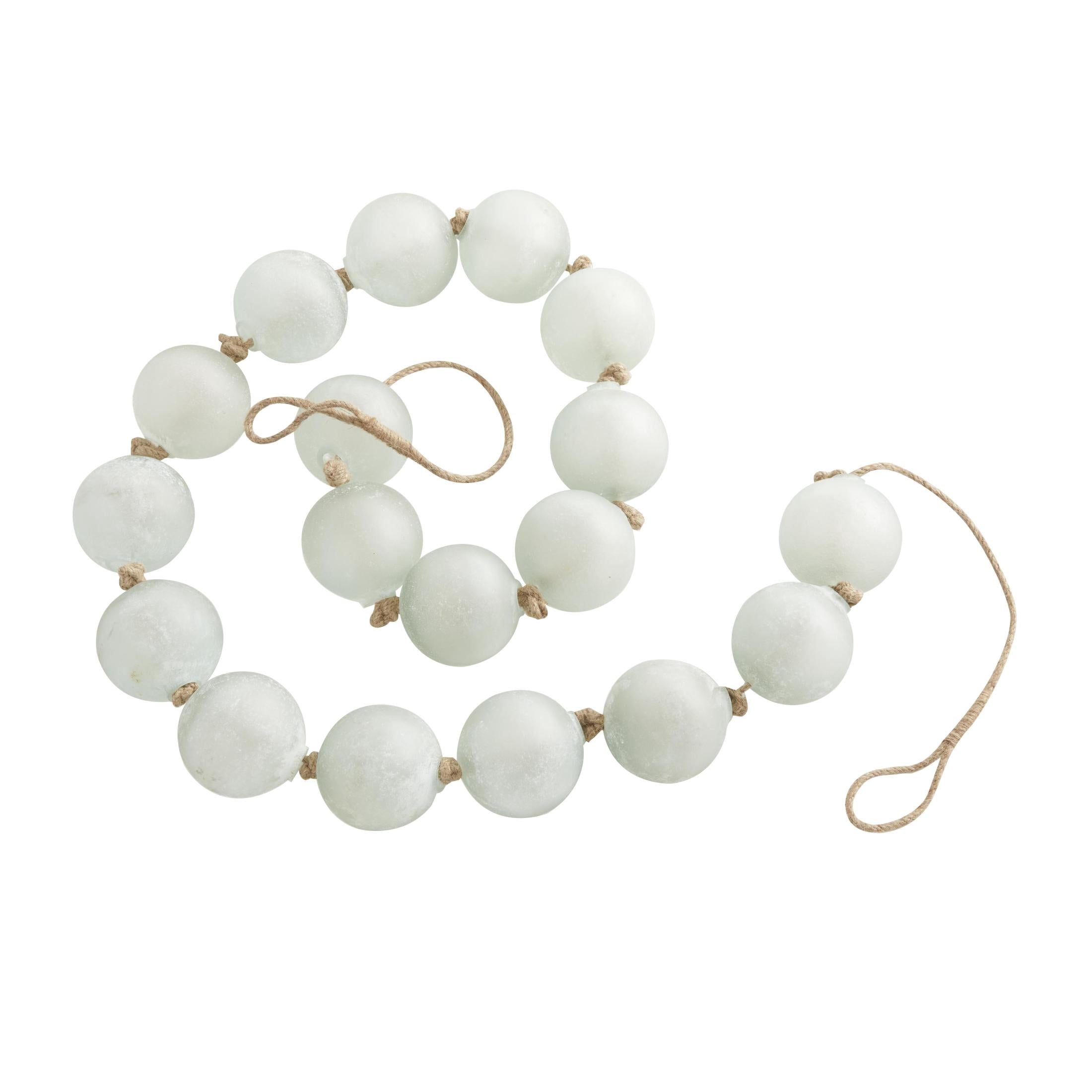DecMode Handmade Round Extra Long Frosted Orb Teal Glass Garland with Tassel with Knotted Jute Rope