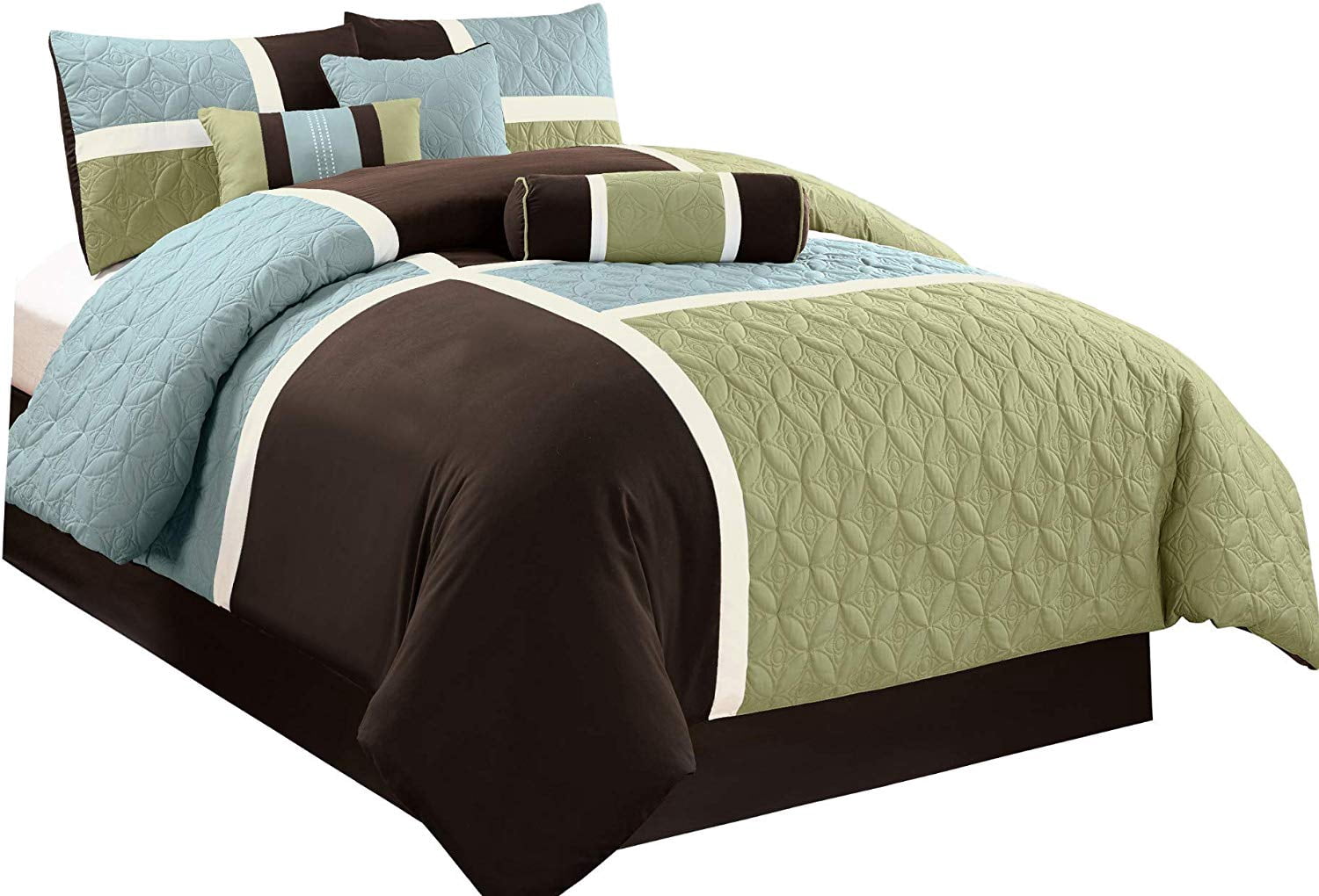 Chezmoi Collection 7-Piece Medallion Patchwork Comforter Set, Oversized King, Coffee/Blue/Green