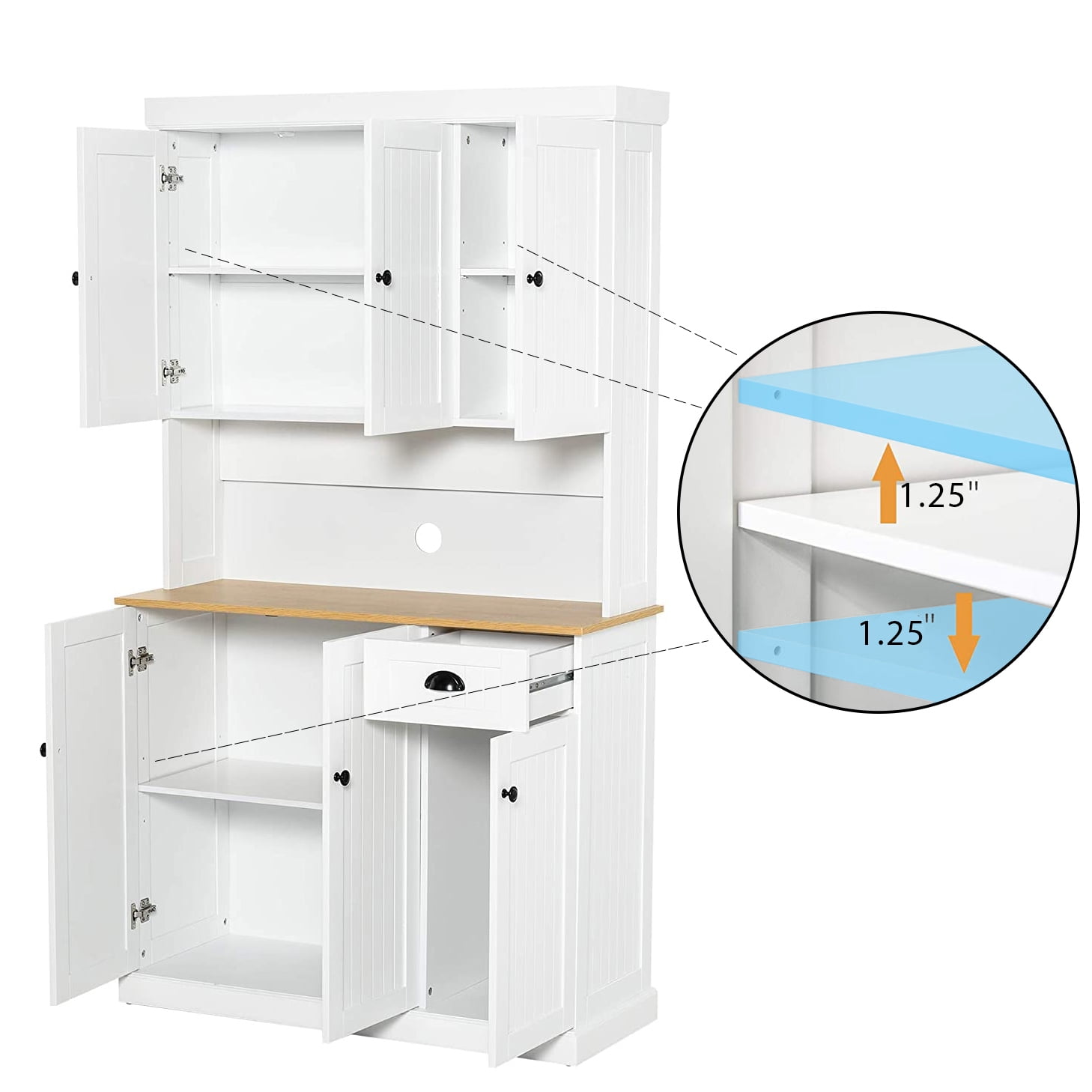 71" Kitchen Pantry Storage Cabinet with Microwave Countertop, Freestanding Hutch with 6 Doors & 1 Drawer, Adjustable Shelves, White Storage Cabinet for Kitchen Organization