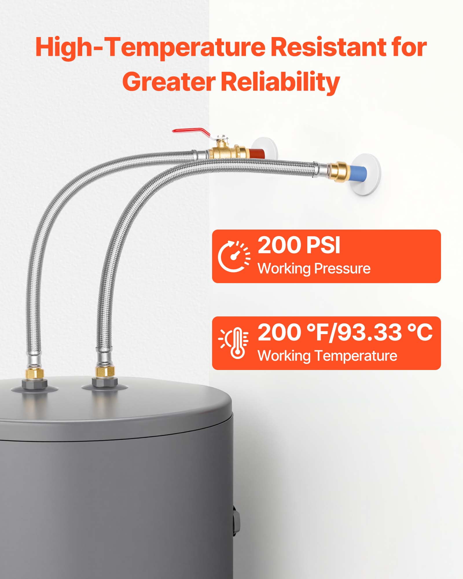 VEVOR Water Heater Kit, Push-Fit Valve Flexible Water Heater Connector with 3/4" FIP x 3/4" PTC Ball Valve, Stainless Steel Braided Waters Heaters Supply Line for Bathroom, Kitchen, Laundry Room