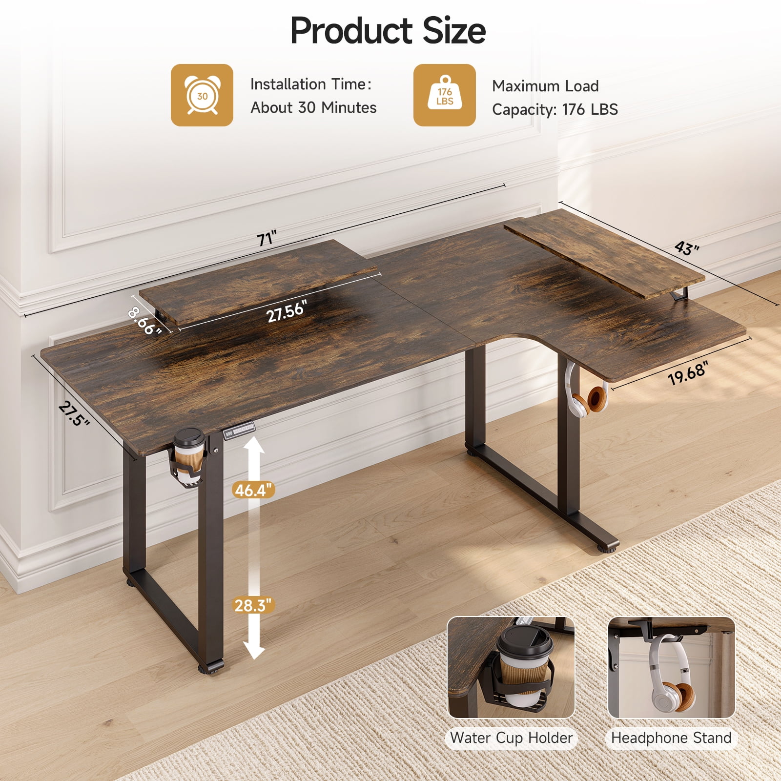 71x43 Inches L Shaped Standing Desk, Electric Stand Up Desk with 2 Adjustable Monitor Shelves and Adjustable Height from 28-46 Inches   for Home and Office, Rustic Brown