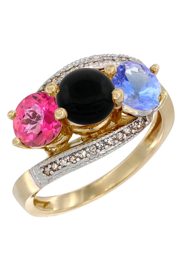 14K Yellow Gold Natural Pink Topaz, Black Onyx & Tanzanite 3 stone Ring Round 6mm Diamond Accent, size 7