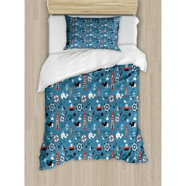 Vintage Boat Twin Size Duvet Cover Set, Doodle Nautical Pattern with Yacht Anchor Dolphin Lighthouse, Decorative 2 Piece Bedding Set with 1 Pillow Sham, Vermilion Seal Brown Blue, by Ambesonne