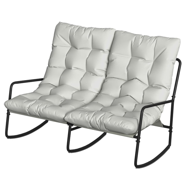 2-Person Outdoor Rocking Chair, Light Grey Patio Bench with Breathable Mesh Seat and Soft Cushions, Powder-Coated Steel Frame, 48.8" W, For Garden, Balcony, and Backyard