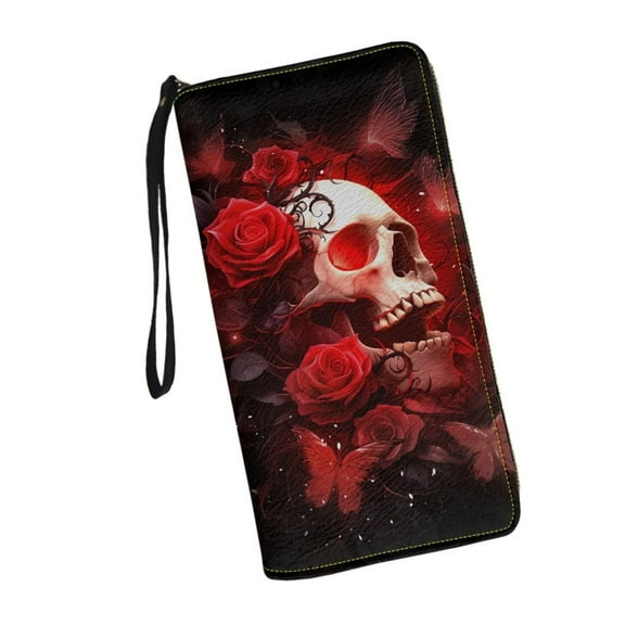 Binienty Gothic Skull and Rose Wallet Wristlet for Women RFID Blocking Small Leather Card Case Wallet with Zipper Clutch Purses for Ladies Waterproof Phone Holder Halloween Gifts for Mother