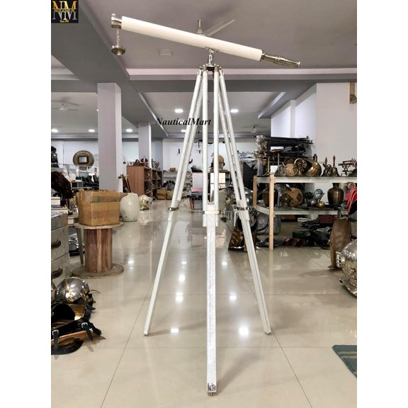 Nautical Floor Standing Chrome Leather Harbor Master Telescope 64" Tripod Telescope