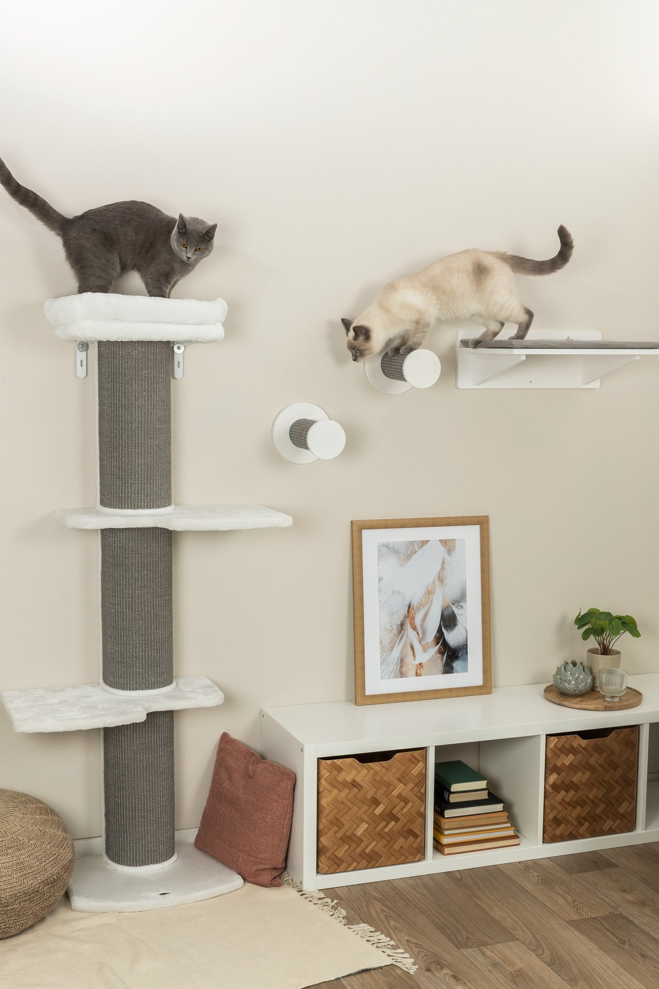 TRIXIE Acadia Plush & Sisal 3-Level 63" Cat Tree, Scratching Posts, Wall Brackets, Gray