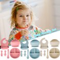 thumbnail image 1 of Muyoka Cuenco de silicona para alimentación de bebé, 6 uds., plato, cuchara, tenedor, babero, cuchara impermeable, juego de alimentación antideslizante para niños pequeños Muyoka Hogar, 1 of 7