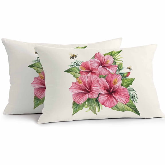 Outdoor Waterproof Pillow Covers Pack of 2, Hawaiian Hibiscus Summer Pink Floral Bee Tropical Flower Decorative Throw Pillowcases Cushion Covers for Garden Patio Tent Sofa Couch, 20x12 inch