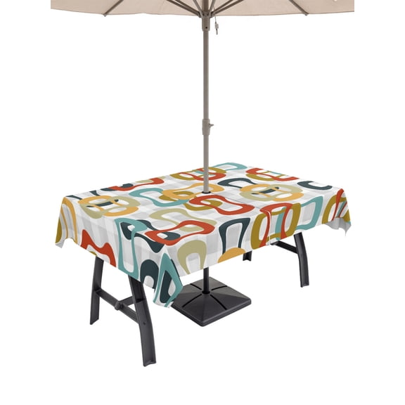 52x70 Inch Outdoor Tablecloth with Umbrella Hole Zipper Rectangle Middle Century Rectangular Tablecloths Waterproof Abstract Geometric Colorful Rings Vintage Patio Table Cloth Cover for Picnic Party