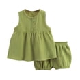 thumbnail image 2 of Toddler Girls Summer Outfits Cotton Linen Sleeveless Shirt with Buttons Tops Girls Outdoor Casual Shorts Set 2 Piece ﻿, 2 of 8