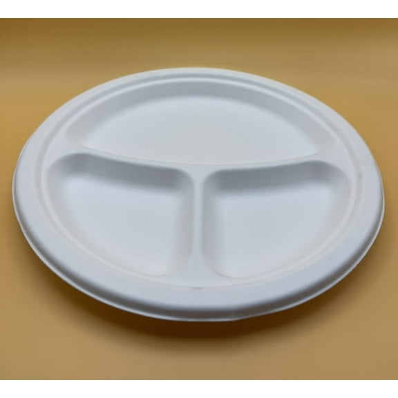 100 Pack: 9" Round 3-Compartment Bagasse Plates – Compostable, Biodegradable & Eco-Friendly Disposable Plates for Parties, Catering & Meals, Businesses