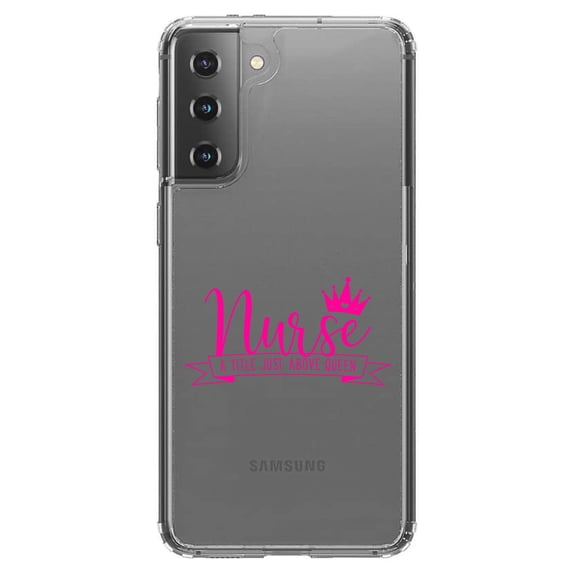 DistinctInk Clear Shockproof Hybrid Case for Galaxy S21 5G (6.2" Screen) - TPU Bumper Acrylic Back Tempered Glass Screen Protector - Nurse - Title Just Above Queen - Pink