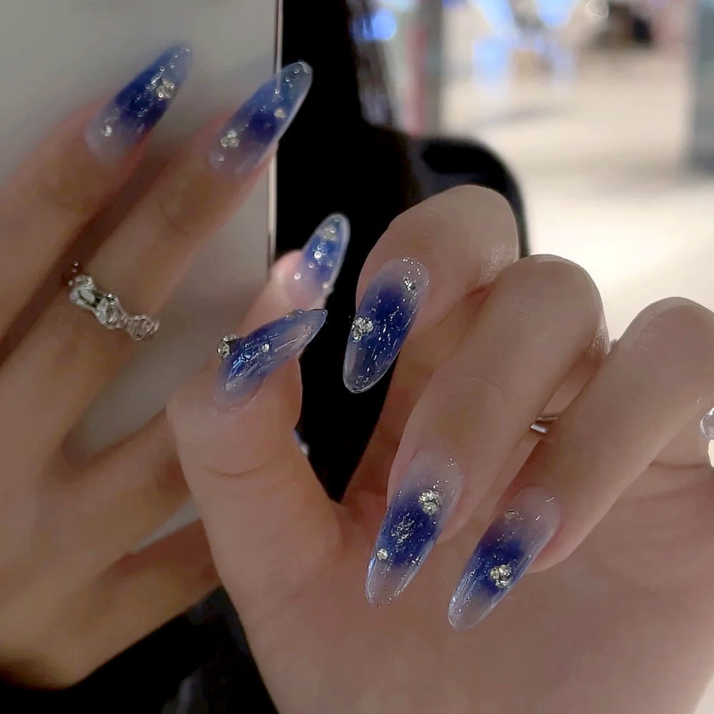 24Pcs Glossy False Nails Misty Blue Long Ballet Fake Nails for Women and  Girls - Walmart.com