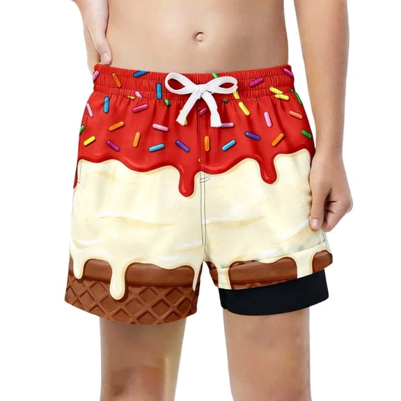 Rggeeun Toddler Boys Swimsuit Set Cartoon Ice Print Elastic High Waist with Adjustable Tie Double Layer Trunks Loose Fit for Summer Water Activities Adorable Beachwear,Red,11-12 Years