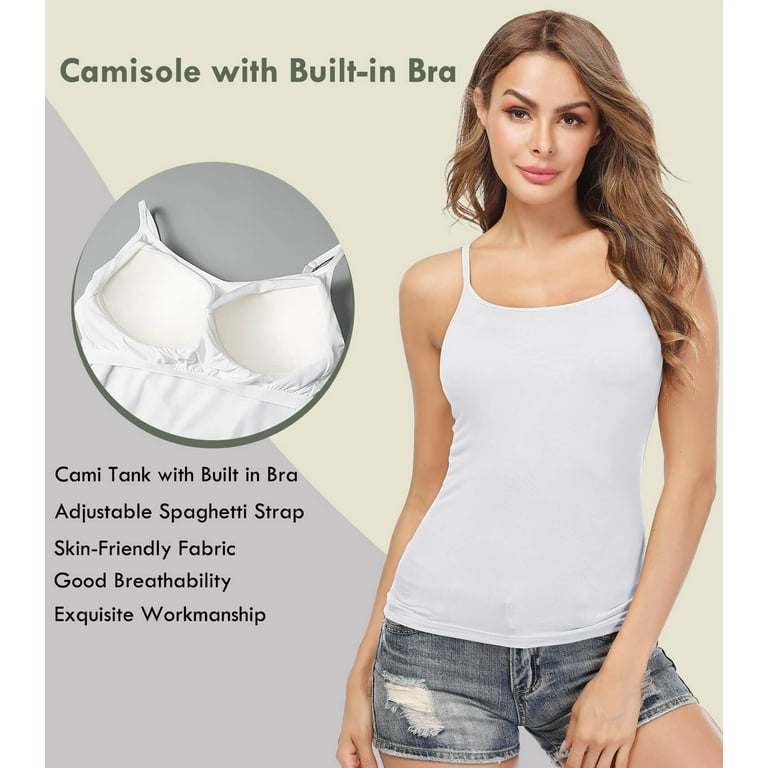 VASLANDA 3 Packs Women's Cotton Camisole Adjustable Strap Tank Tops with  Built in Shelf Bra Stretch Undershirts for Summer