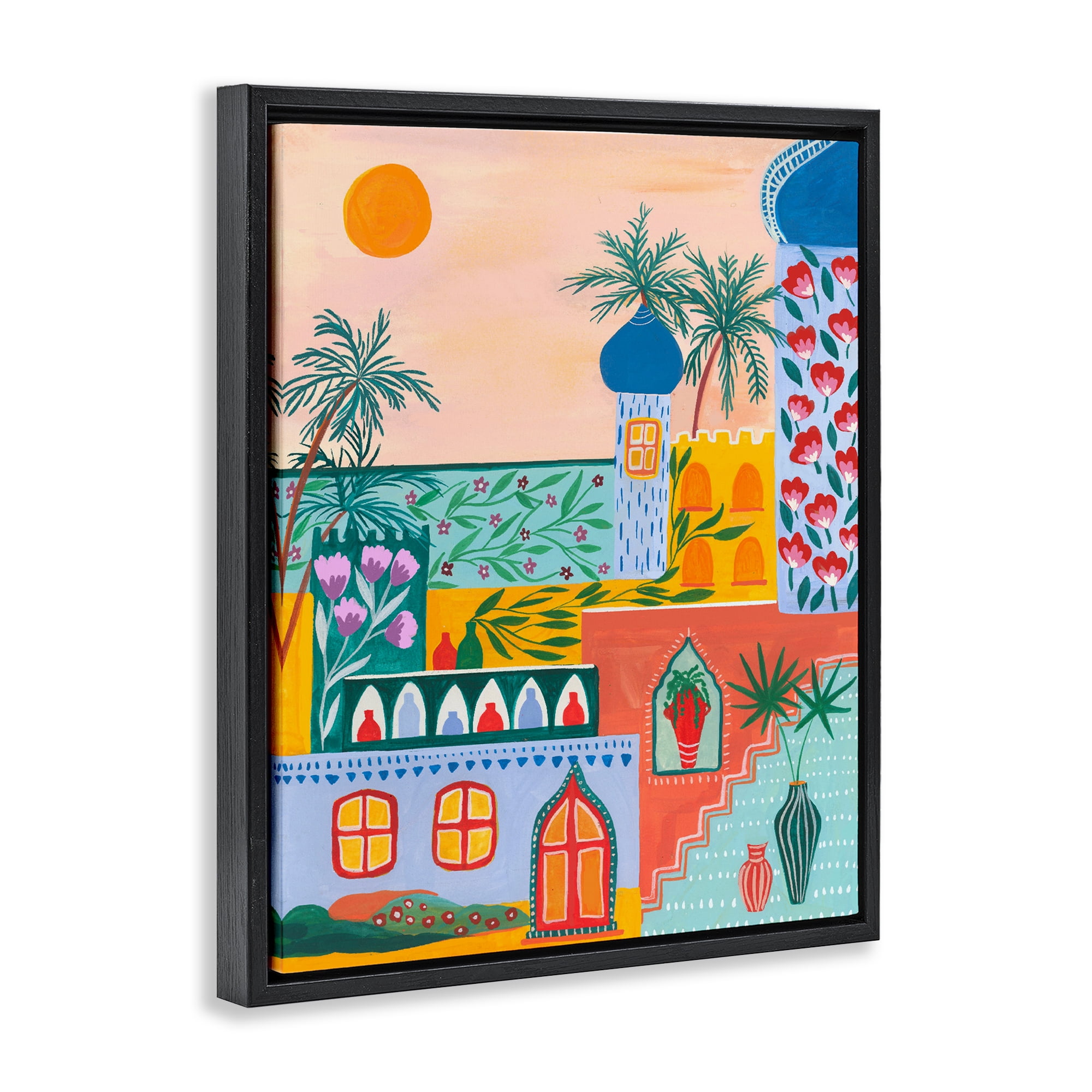 Egyptian City Architecture Black Framed Floater Canvas Wall Art, design by Nabeela Rumi