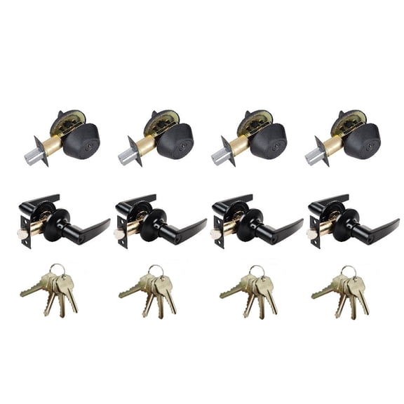 Matte Black Entry Door Handle Combo Lock Set with Deadbolt and 16 KW1 Keys Total (4-Pack, Keyed Alike)