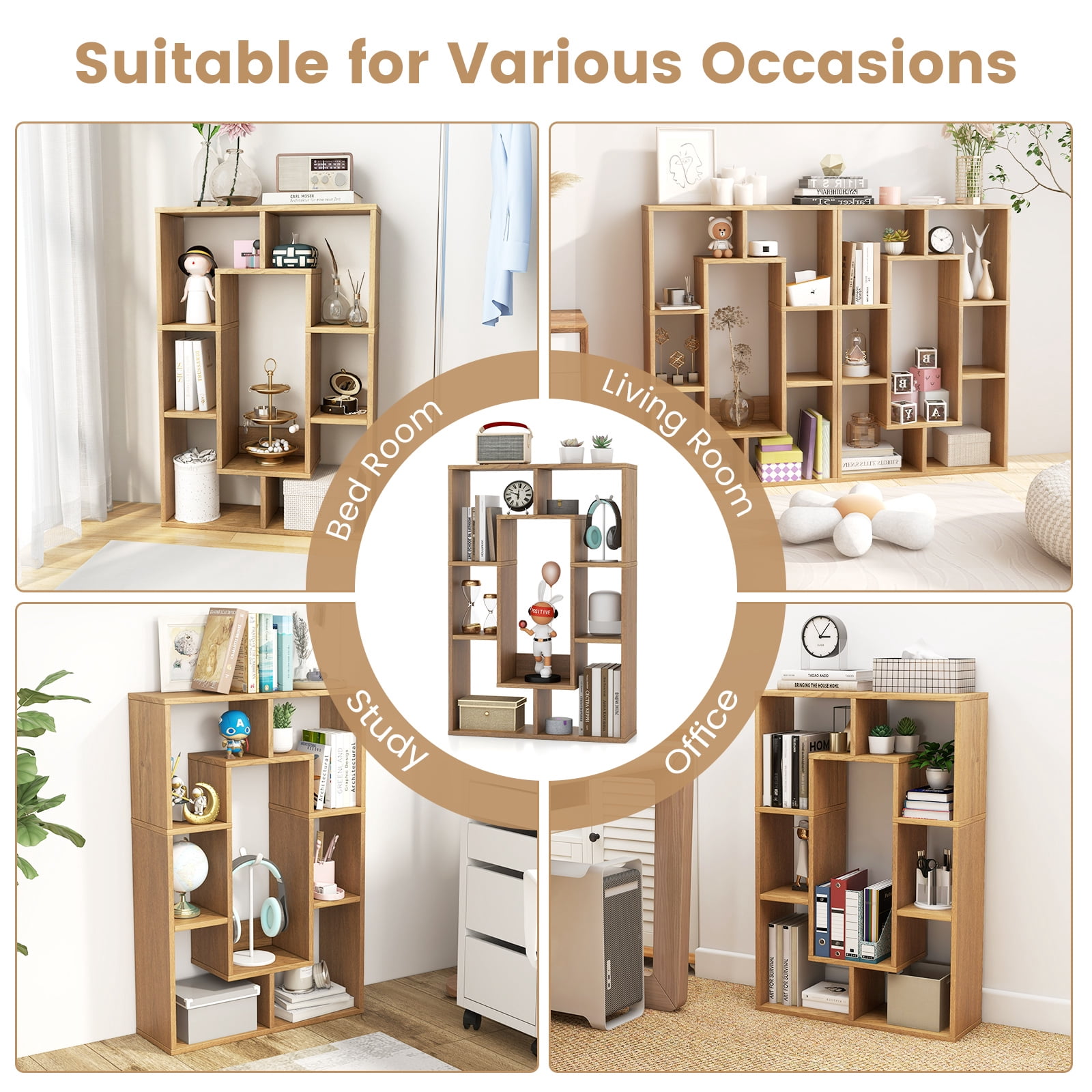 Topbuy 35.5” Geometric Bookshelf Open-back Bookcase w/ 7 Cubes Free-standing Storage Shelf Unit w/ Anti-Toppling Devices Natural