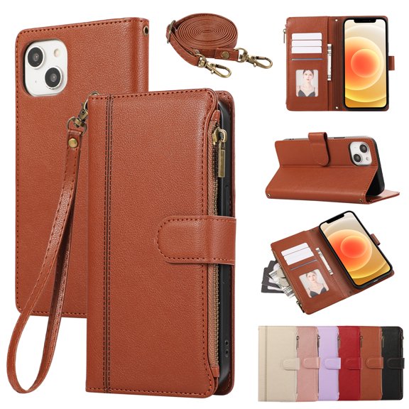 Wallet Phone Case Compatible with iPhone 15 Plus,Retro PU Leather Strap Wristlet Flip Phone Case with Magnetic Closure,[RFID Blocking] Card Holder and Kickstand for Men Women,Brown