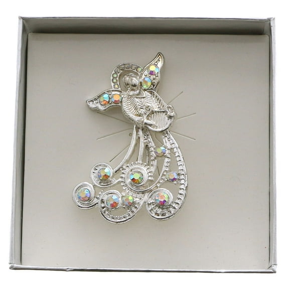 Mi Amore Christmas Angel Harp Boxed Brooch-Pin Silver-Tone & Clear