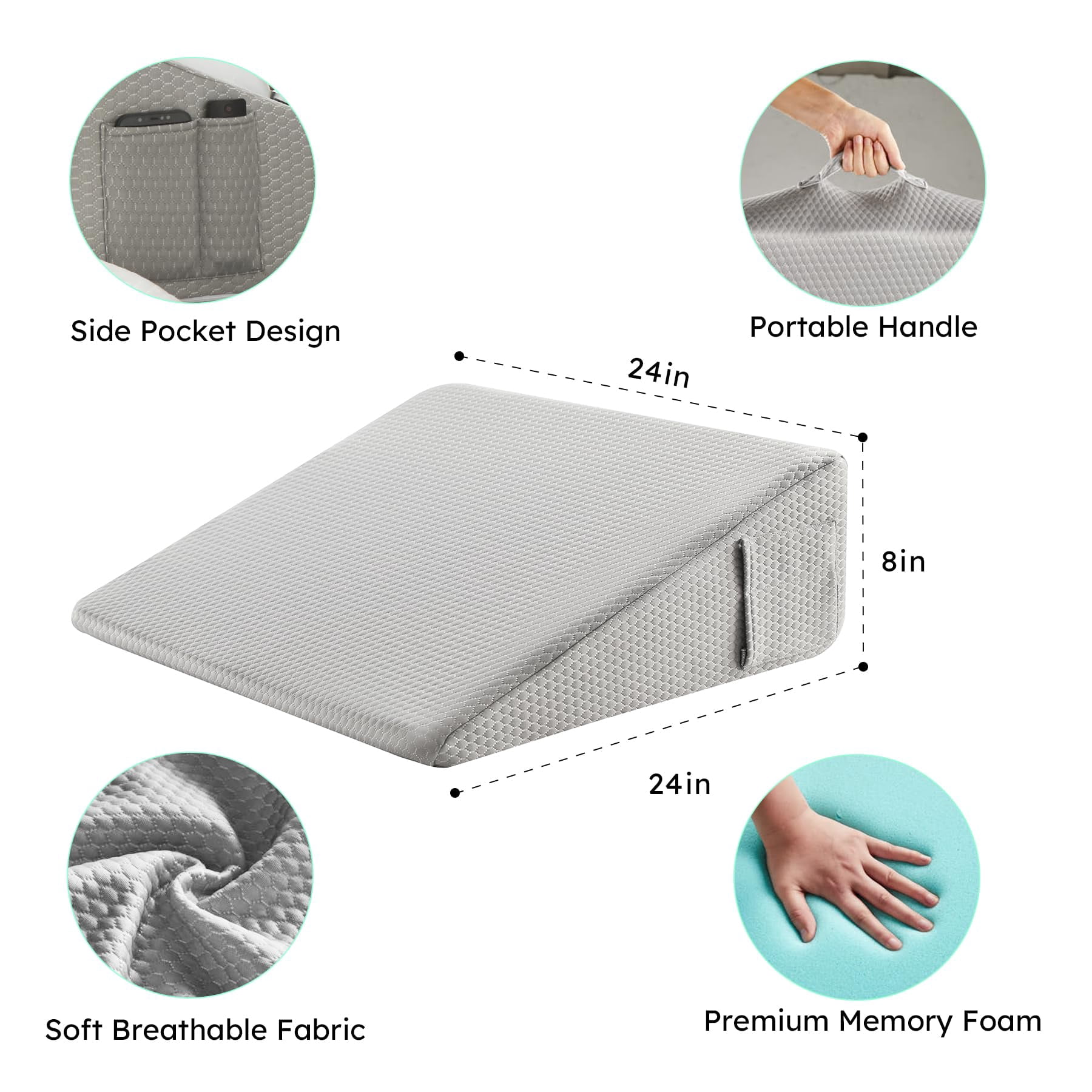 Wedge Pillow 8 Inch Bed For Headboard  Acid Reflux Sleeping After Triangle - Memory Foam Top Grey