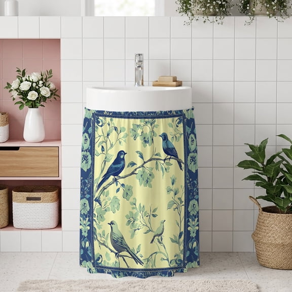 Small Cabinet Curtain 11''W x 13''L, Vintage Bird Floral Under Sink Cover Drapes, Yellow Blue Branch Self Adhesive Cabinet Skirt for Kitchen/Bathroom Vanity/Laundry Room/Open Shelf