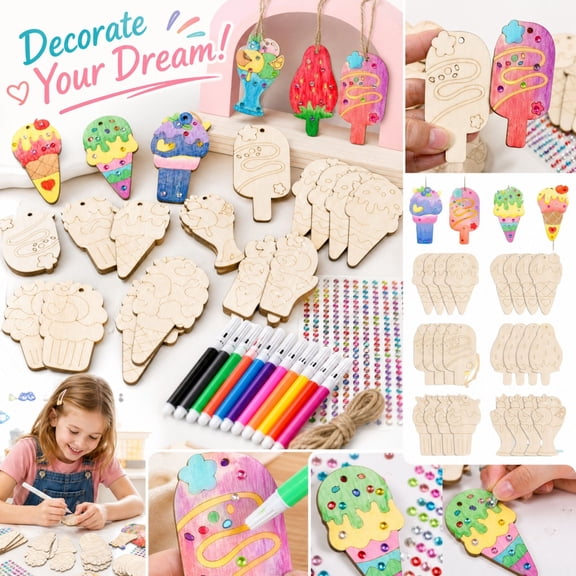 24 Pcs DIY Wooden Ice Cream Craft Kit for Kids, Paint Your Own Ornaments with 12 Markers & Stickers, Arts and Crafts Activities for Girls Boys Ages 3-8, Birthday Party Favors