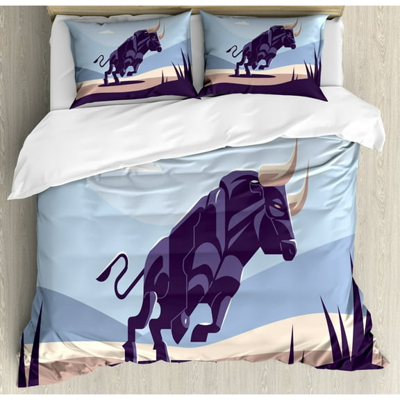 Animal Duvet Cover Set Queen Size, Doodle Illustration of Strong Bull in Wild Nature, 3 Piece Bedding Set with 2 Pillow Shams, Purple Blue Dark Purple Grey Champagne Almond, by Ambesonne